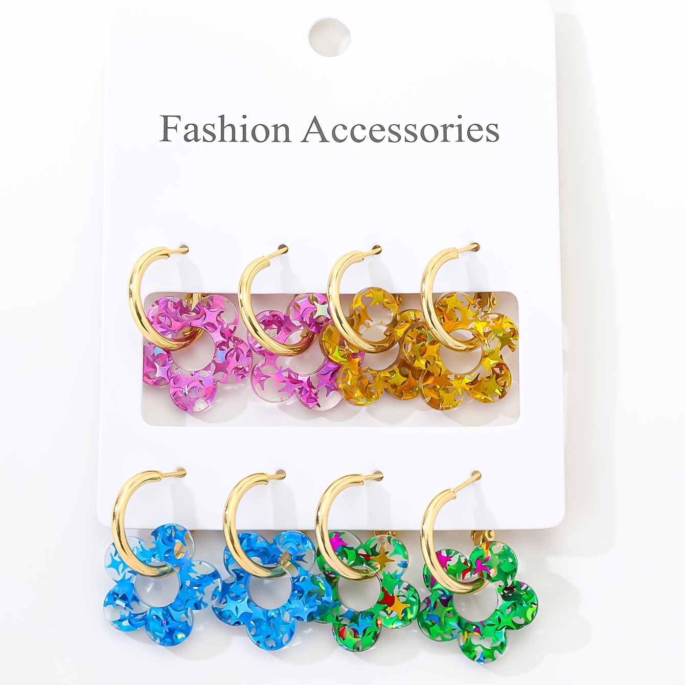 TEMU 4 Pairs Of Starlight Iridescent Five-petal Earrings, Vibrant Girly Flower Set