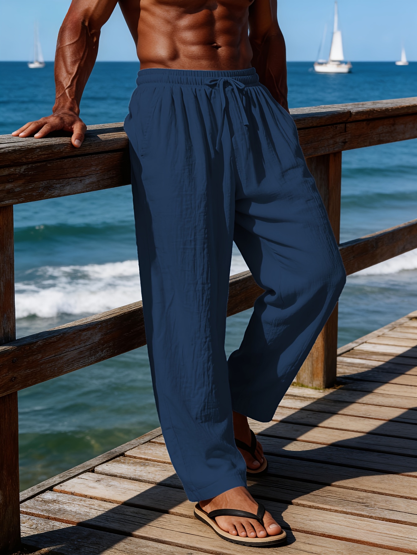   shui obm mens loose fitting jogging pants woven linen solid color straight leg pants casual light business trousers breathable beach pants with drawstring and   suitable for daily wear and outdoor sports