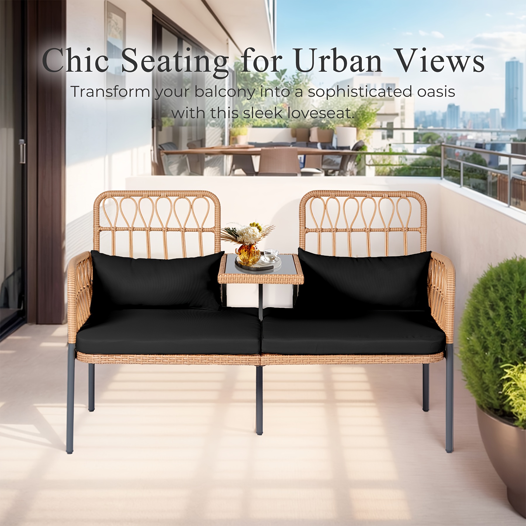 Modern Outdoor Rattan Sofa with Table - Ideal Patio Set with Cushions And Glass Coffee Table for Your Balcony, Lawn, Garden, Or Backyard