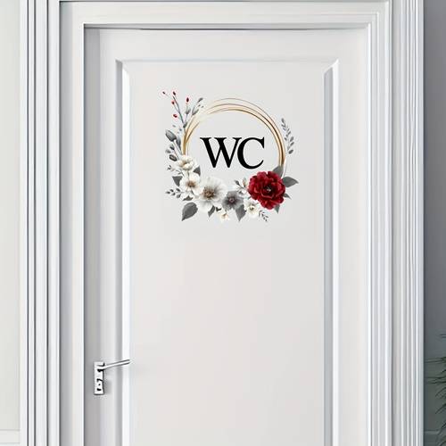 a floral toilet door sticker self bathroom decor elegant cursive wc design with black and golden accents easy to apply round decal aesthetic home upgrade surface decoration modern bathroom style decor