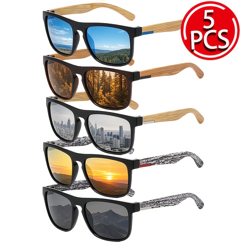 TEMU 5 Pairs Of Unisex Glasses - Ultra Lightweight Wooden Frame, Resistant, Anti Glare, High-definition Lenses - Suitable For Outdoor Activities And