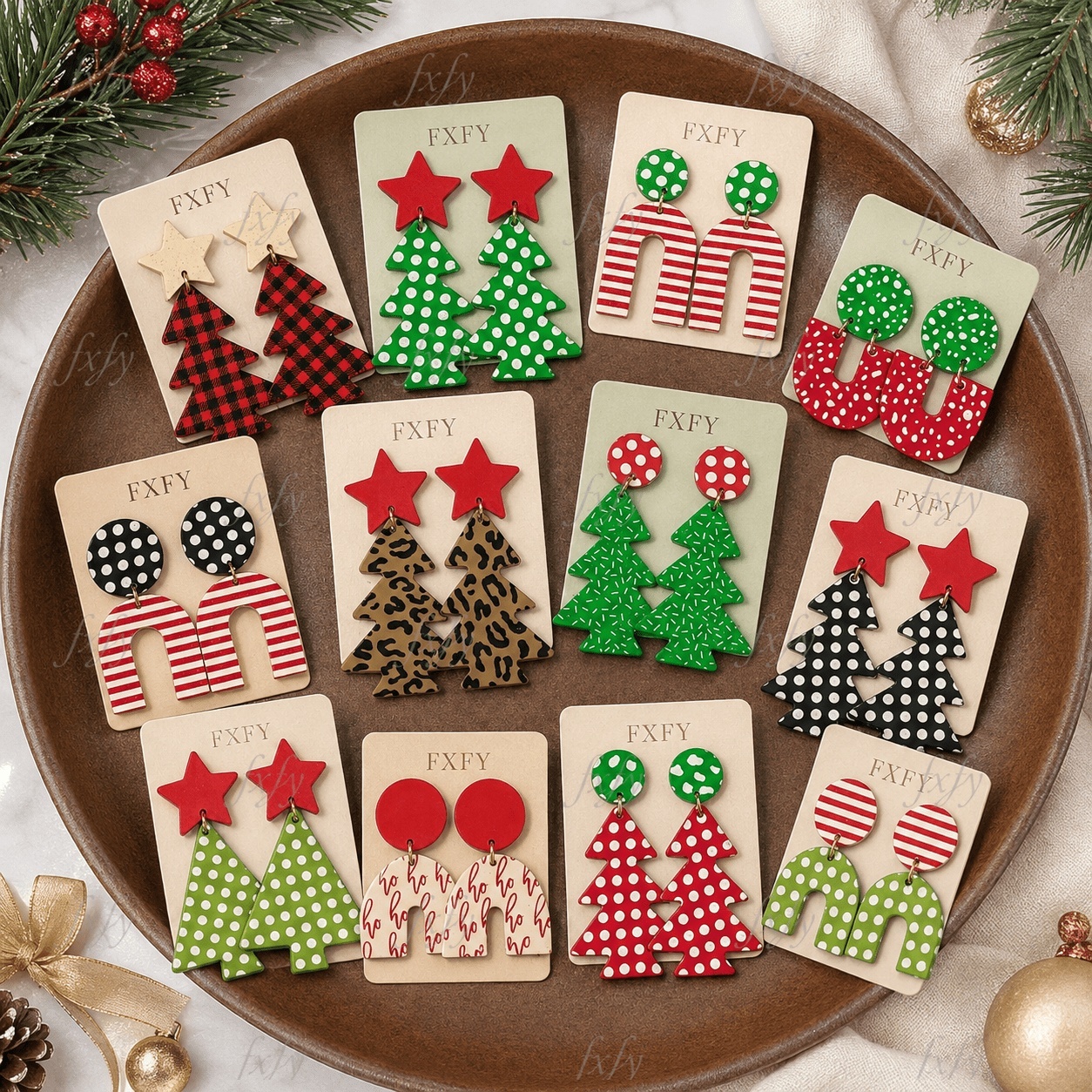 TEMU 24pcs/12 Pairs Cute Vintage Polka Dot Farmhouse Christmas Earring Set For Women, Featuring Christmas Tree, Star, Polka Dot, Stripe, Leopard