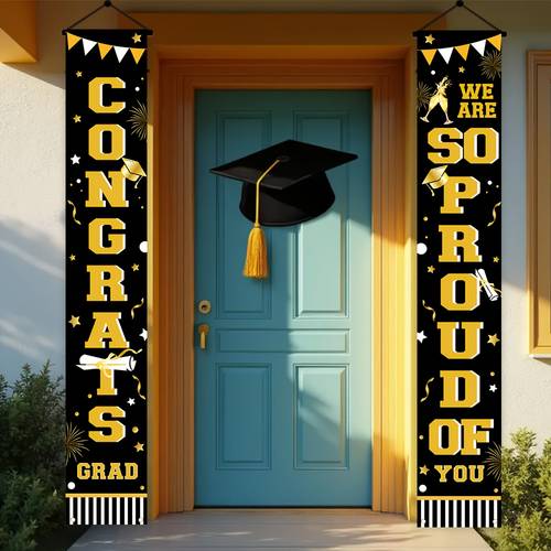 jit 1 pair 2025 graduation season theme couplet 180cm 30cm 70 8 inches 11 9 inches black gold graduation ceremony party decoration flag very suitable for room entrance and decoration graduation ceremony polyester porch couplet