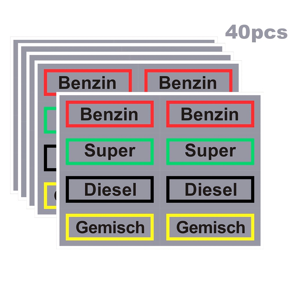E-shop 40 Stück Kraftstoff-Etikettenaufkleber, Tankdeckel-Etikettenaufkleber, 10 Benzin, 10 Diesel, 10 Mischöl, 10 Zweitakt-Gemisch
