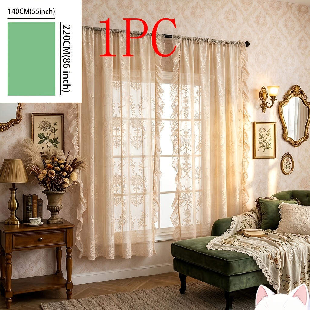 TEMU 1pc French Court Style Lightweight Lace Curtain | Beige, Semi-sheer, Flower Pattern, Theme, Jacquard, Polyester, Rod Pocket, Machine Washable