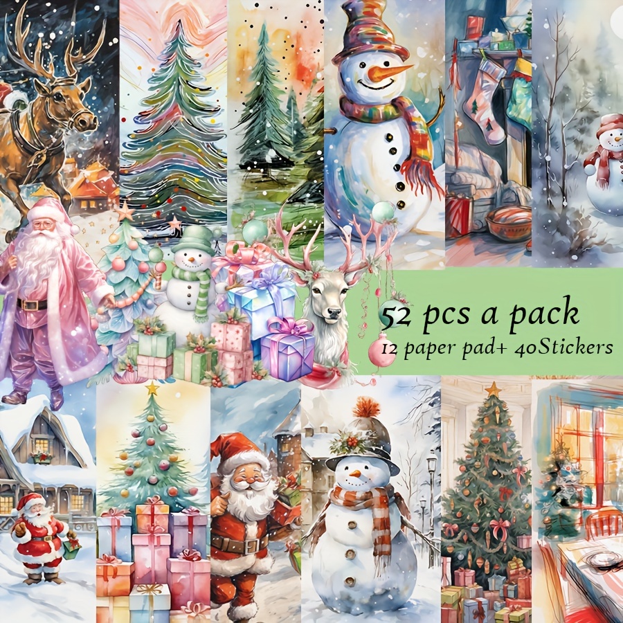 

Christmas Scrapbooking Set - 52 Pcs Recyclable Paper & Stickers With Snowman, Santa Claus, And For Diy Crafts, Greeting Cards, Party Decorations, And Junk Journals