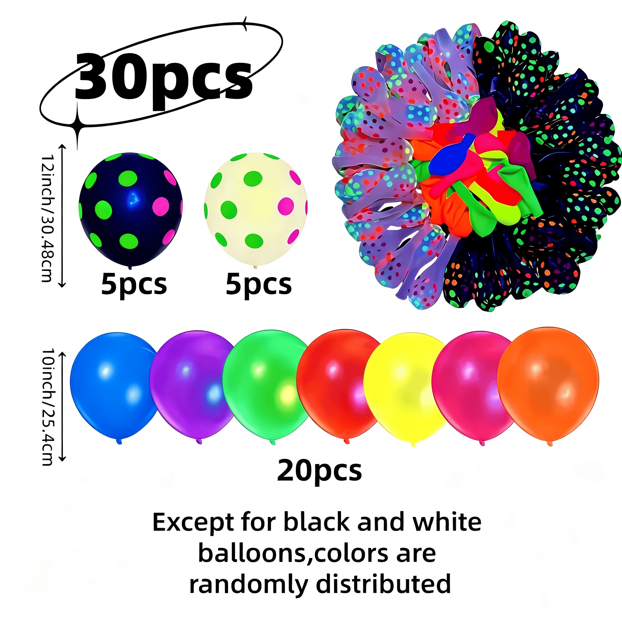 TEMU 30 ballons en latex à pois fluo, ballons lumineux multicolores, couleurs aléatoires. Convient pour les fêtes d'anniversaire sur le thème de la