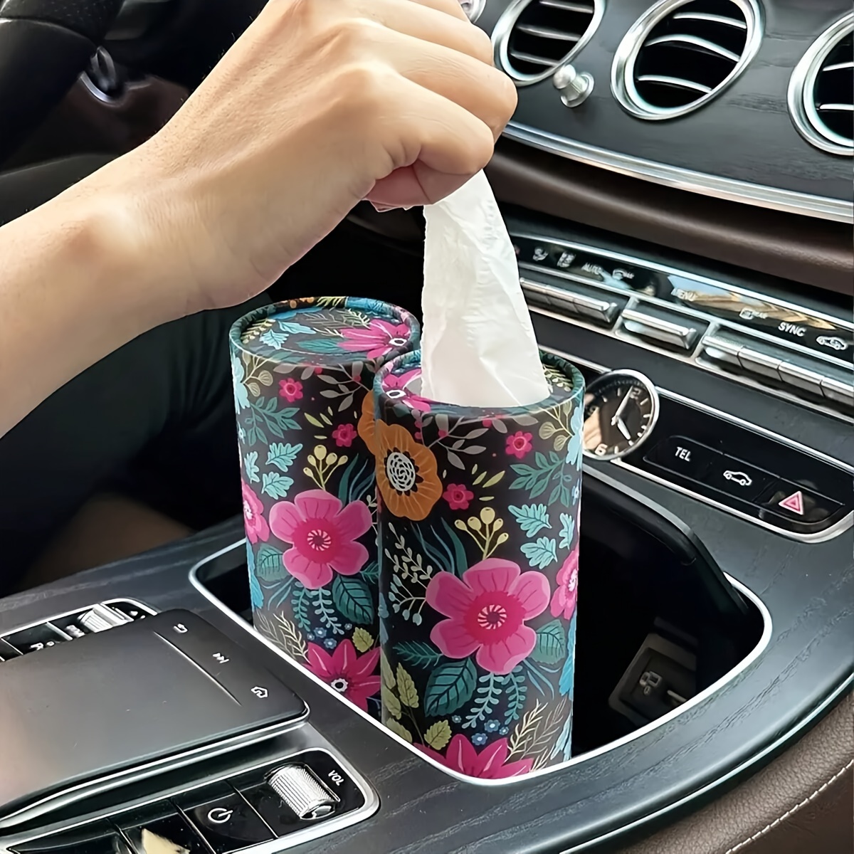 

1pc Floral Car Tissue Holder With 40 Paper Facial Tissues - Round Portable Cylinder Tube Tissue Case For Vehicle Cup Holder, Elegant Dispenser For Home & Travel