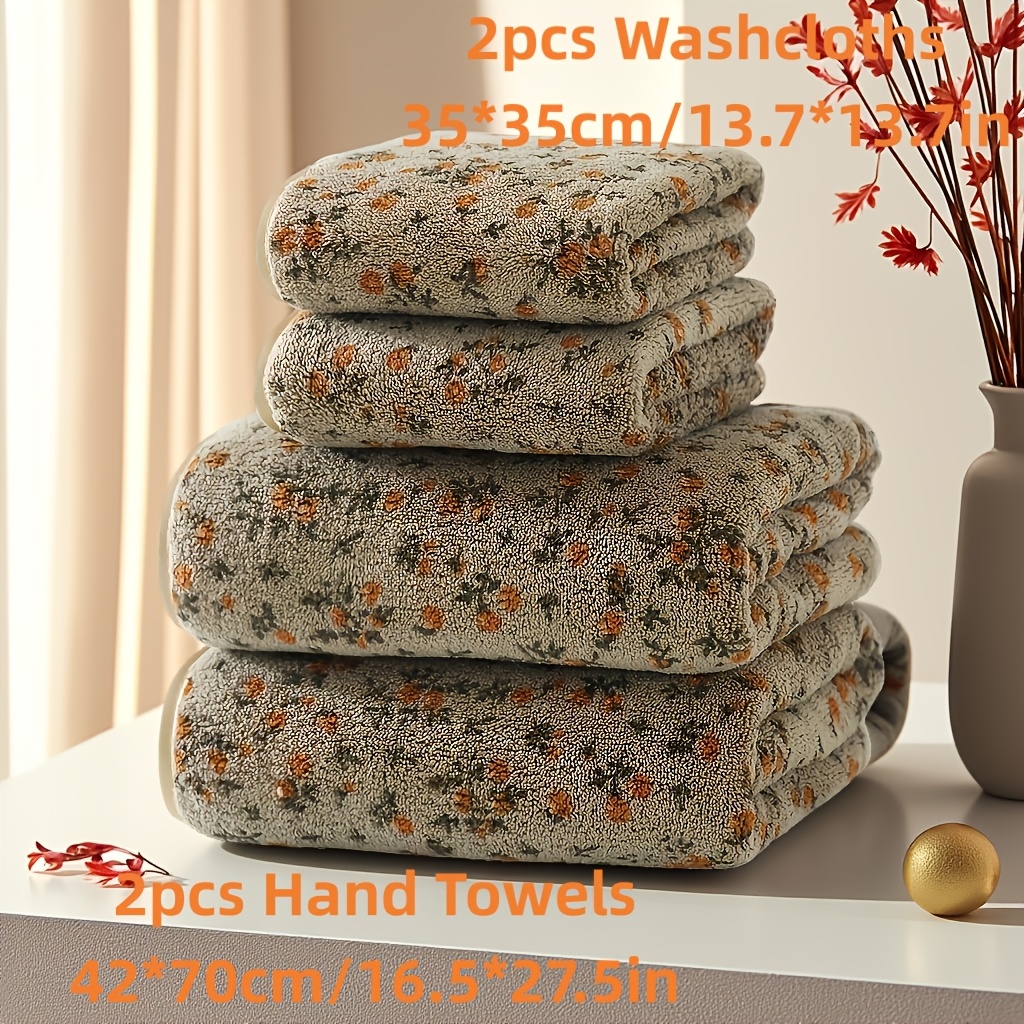TEMU Printed Coral Fleece, 2 Towels And 2 Washcloths, Soft And Absorbent