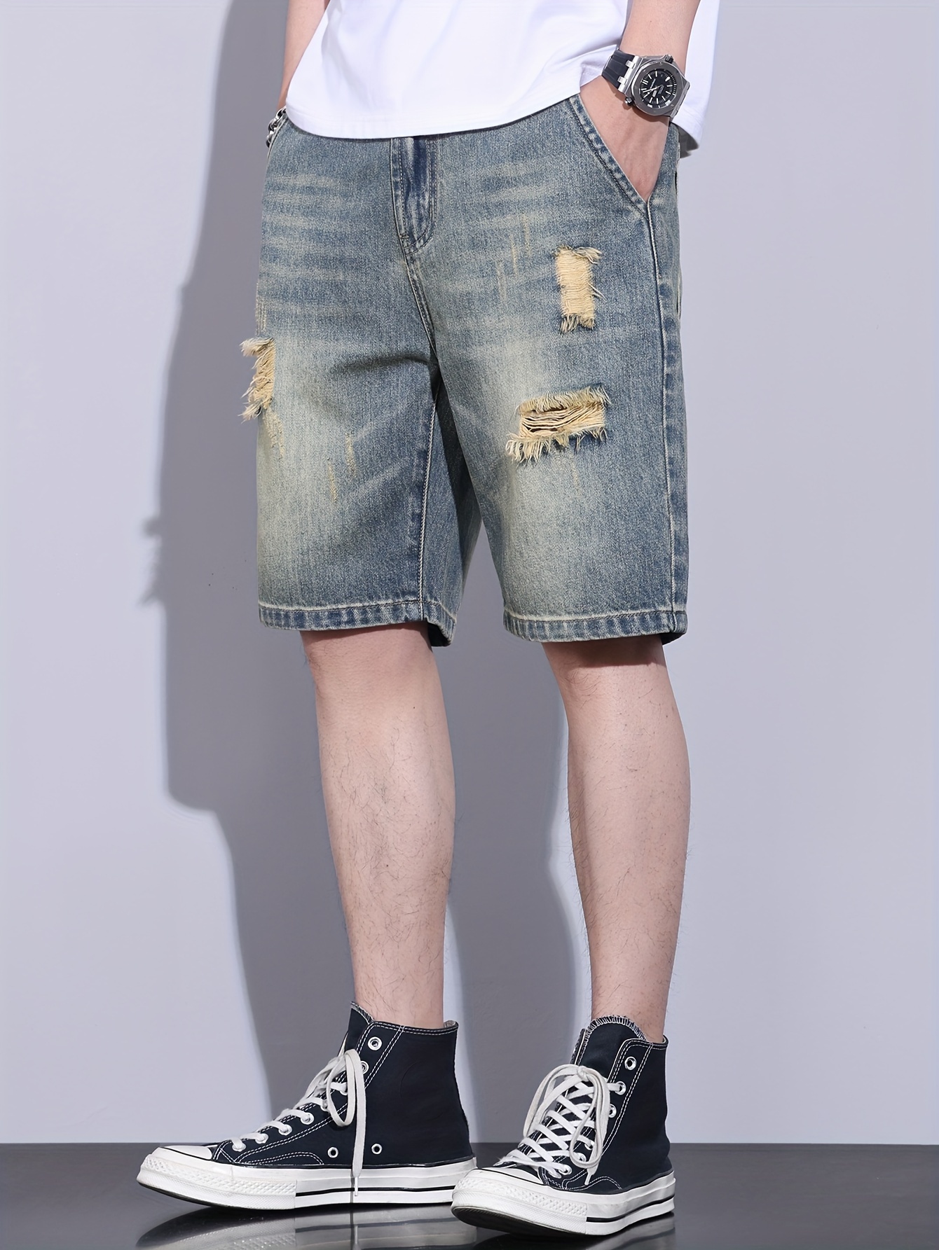 shorts vaqueros rasgados hombre estilo vintage americano Temu