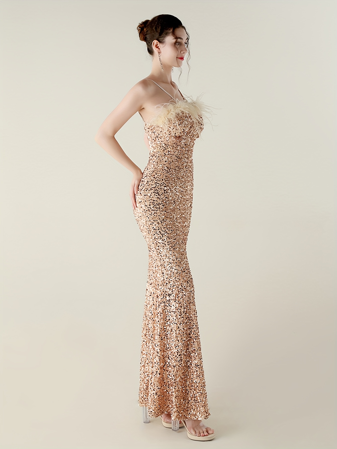 gold sequin slip dress Swann Sequin Slip Maxi Dress Beige / M