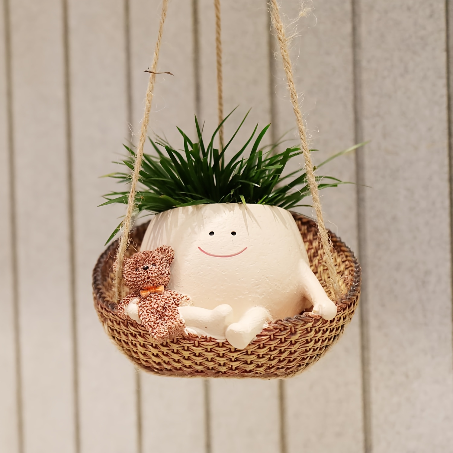 

1pc Contemporary Resin Hanging Planter With Smiling , Round Indoor Outdoor Swing Bear Flower Pot, Multi-component Set For Home Decor