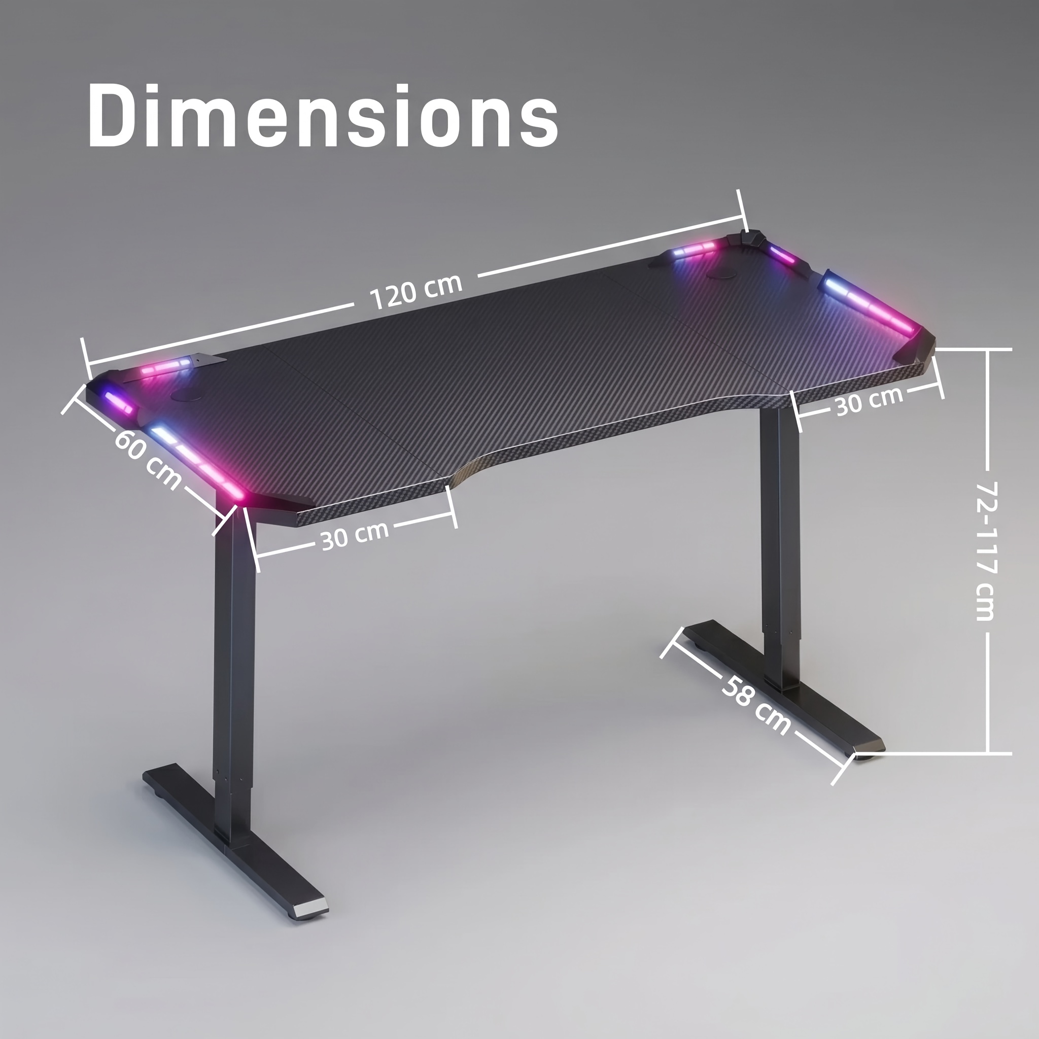 Image of Electric Standing Desk With Led Lights, Ergonomic Gaming Table With Functional Memory, Gaming Computer Desk With Carbon Fiber Texture For Home, High-quality Mute Motor, Black, 3 Sizes Avaliable
