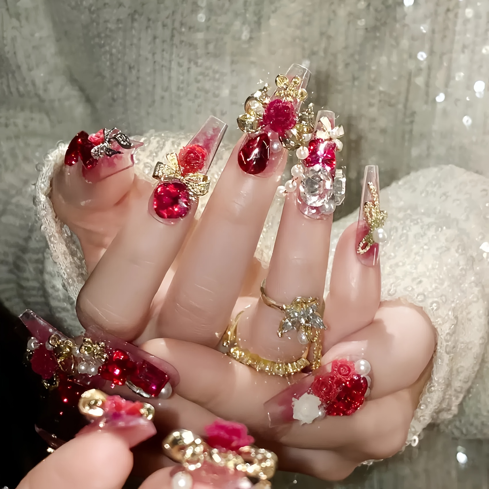 TEMU 24 piezas (10 piezas hechas a ) Bata de , 3D, con de amor, de diamante, estilo ballet largo, manicura ( mini lima de uñas y pegamento en gel)