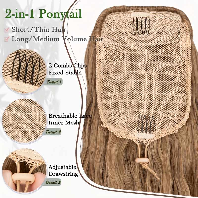 extra long ponytail extension 32 inch deep wavy curly drawstring pony tail extensions   fluffy synthetic clip in hair extensions brown blonde highlight hairpiece for women daily halloween use part details 3