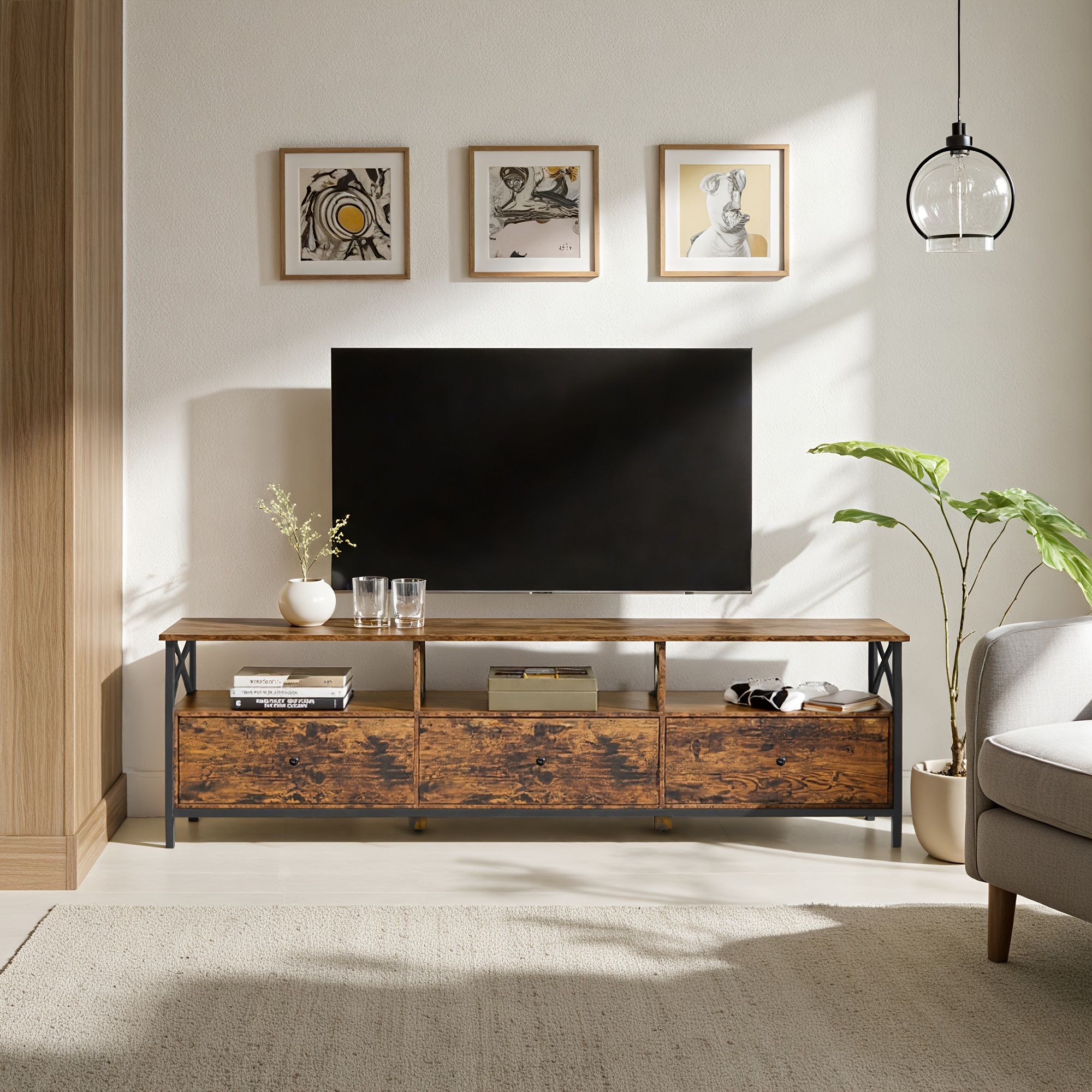 Large Tv Cabinet With Storage Drawers, Media Console Table, Open Shelves For Living Room, , Brown And Black