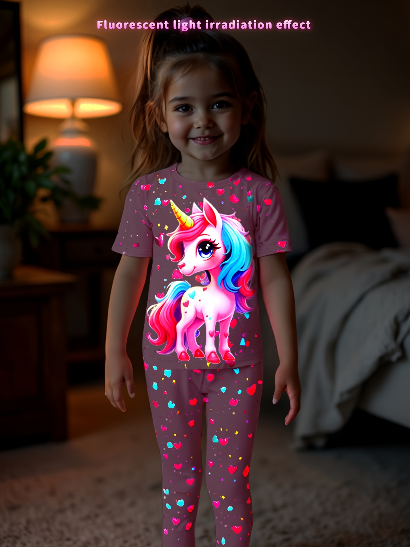 girls summer colorful short sleeve and long pants set all over heart print with cartoon   cute and versatile for daily wear and     outdoor