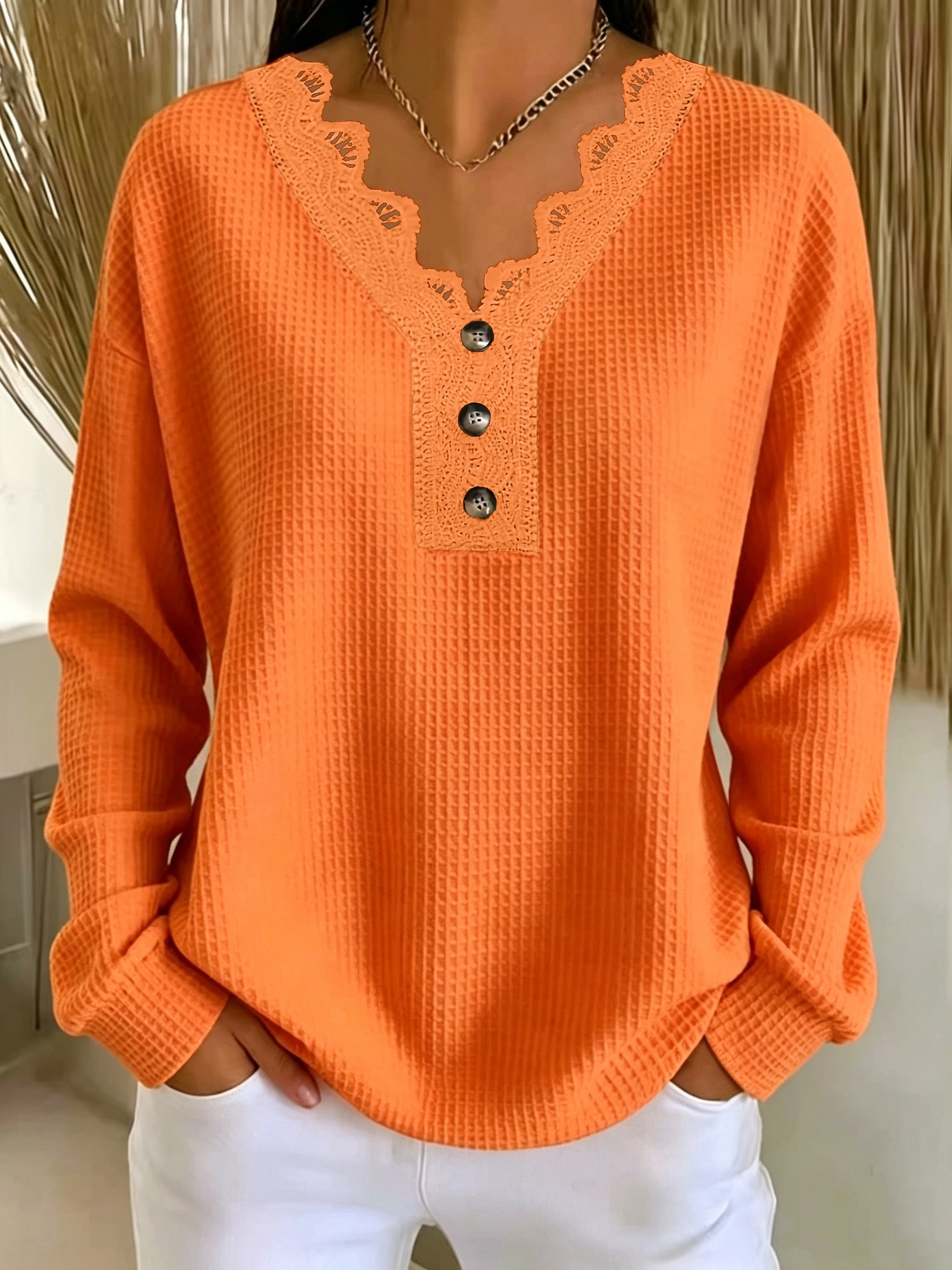 item picture plus size autumn winter new arrival extended style womens plus size fashionable solid color waffle texture with lace   and button decoration long sleeve top