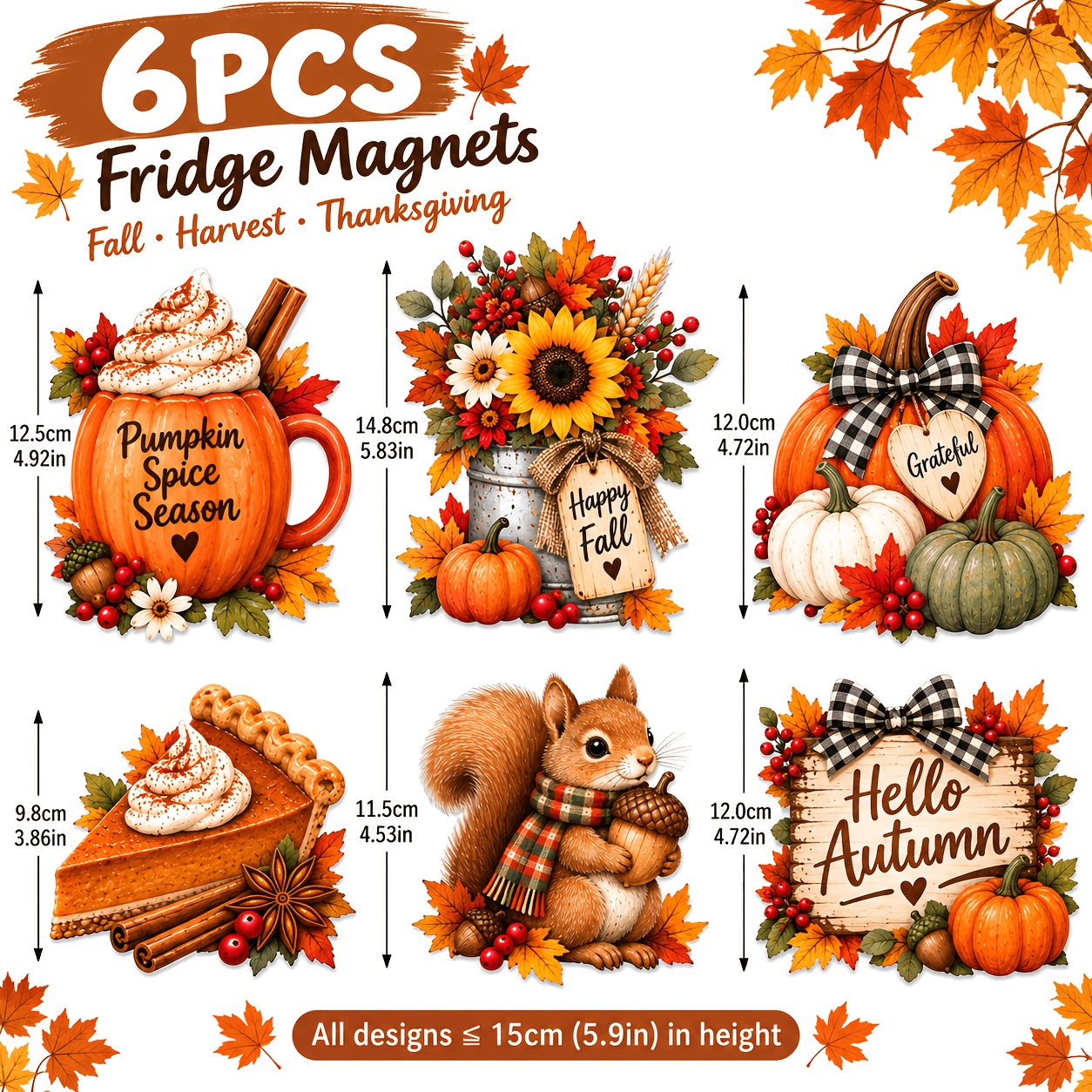 TEMU 6pcs Fall Fridge Magnets Suitable, Magnetic With Pumpkin, Squirrel & Magnetically Attached Decorations, Pvc Farmhouse Refrigerator Magnets For