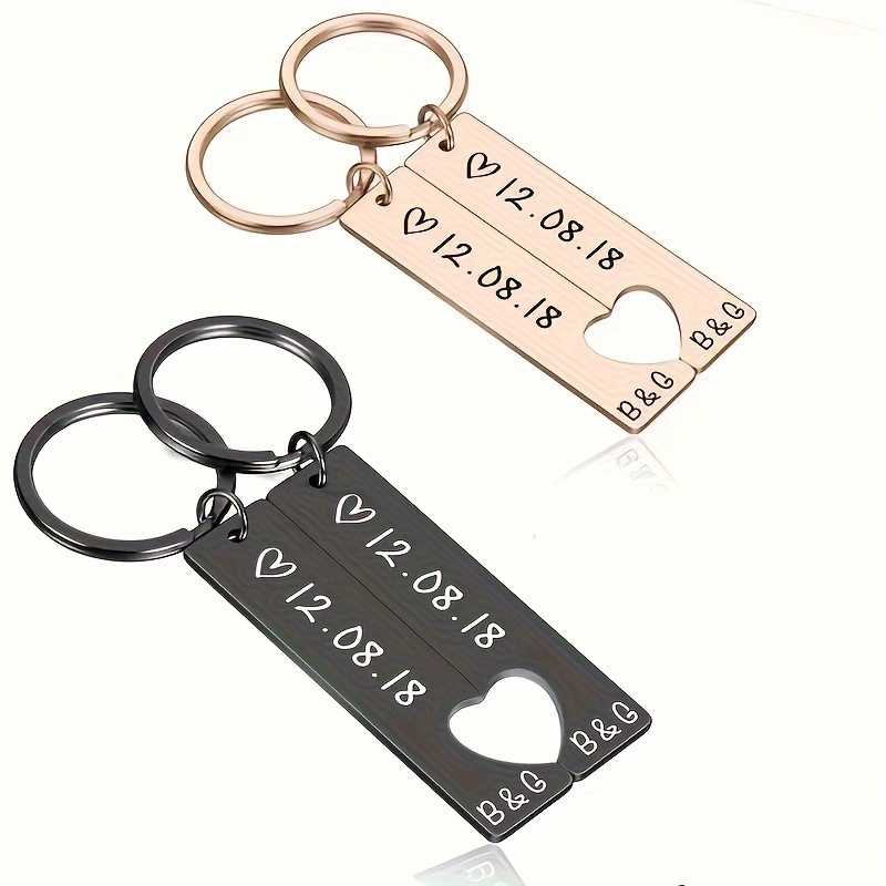 

1 Pair Of Custom Engraved And Stylish Stainless Steel Keychains, Personalized Hipster Style Couple Keychains With Date, Ideal Gift For Anniversary, Birthday, Father's Day Gift