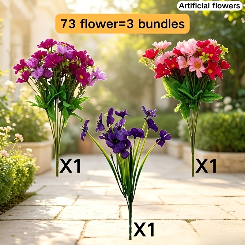 TEMU 73 Fleurs dans , 3 bouquets de fleurs artificielles en plastique réalistes, résistantes aux UV et ne se décolorant pas, très appropriées pour la