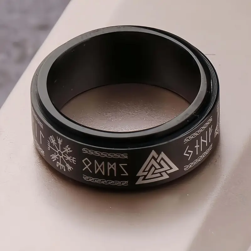 retro viking style stainless steel ring black rotating anxiety ring with intricate knotwork snowflake design unisex jewelry for men women anniversary valentines fathers day gifts Product details 2