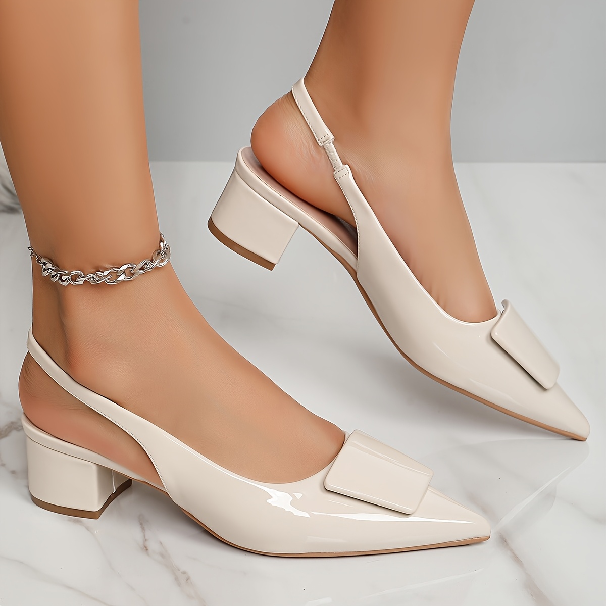 Elegant And Fashionable Pointed Toe High Heels With Summer Square Buttons, Versatile Low Heel Casual Single Shoes, Women Shoes