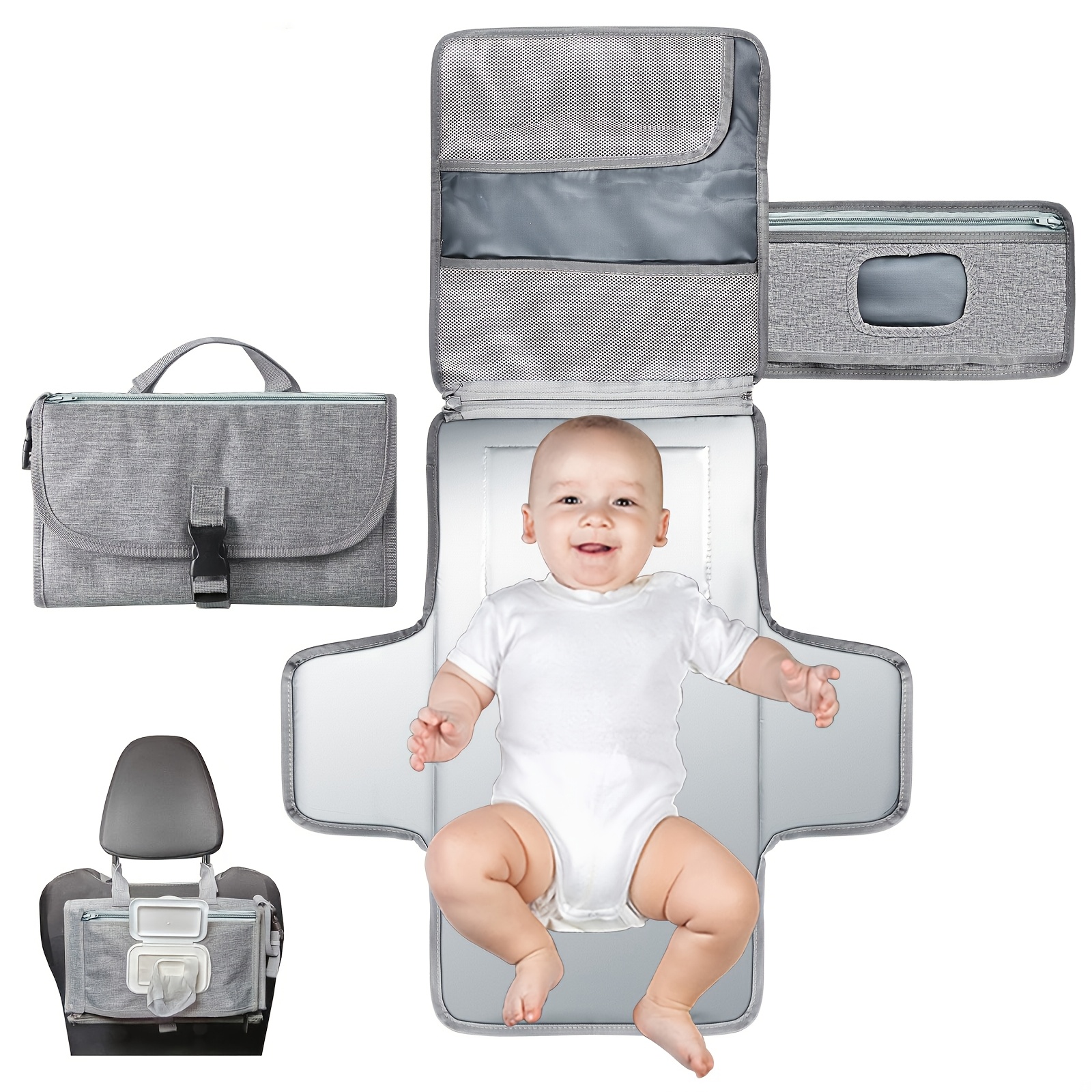portable diaper changing pad grey polyester fiber washable with built in head   wipes pocket waterproof for travel diaper bag shower gift for boys and girls 0