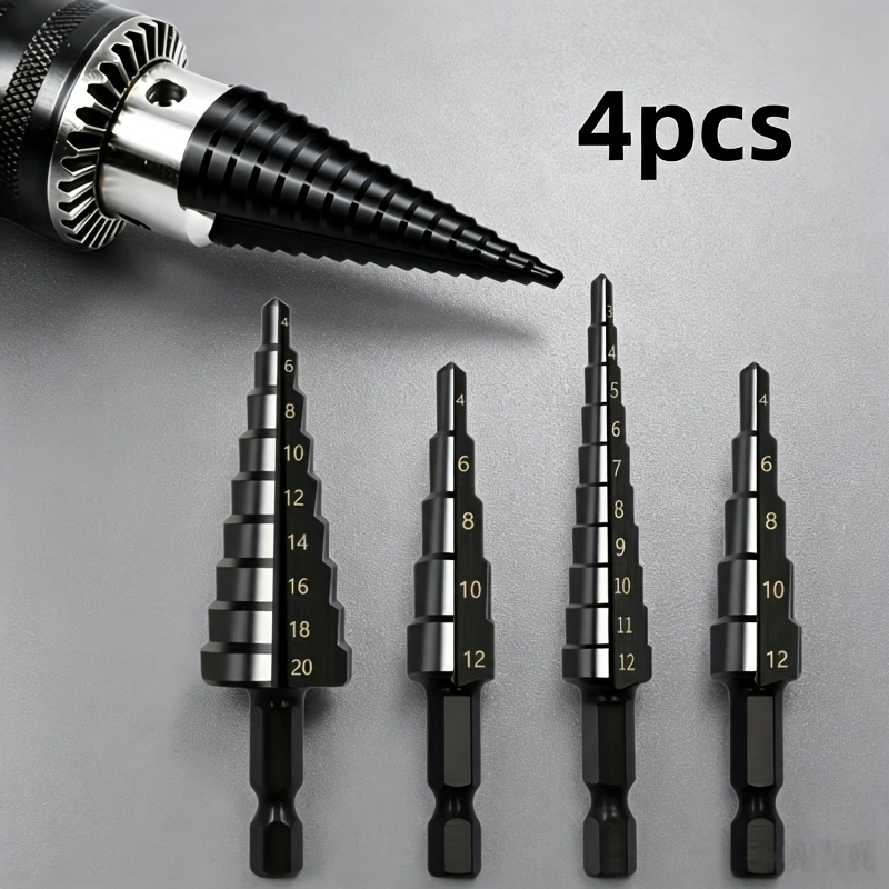 TEMU 4pcs Step Drill Bit Set, Precision Rotary Bits For Wood And Metal Materials, Covering Multiple Hole Sizes