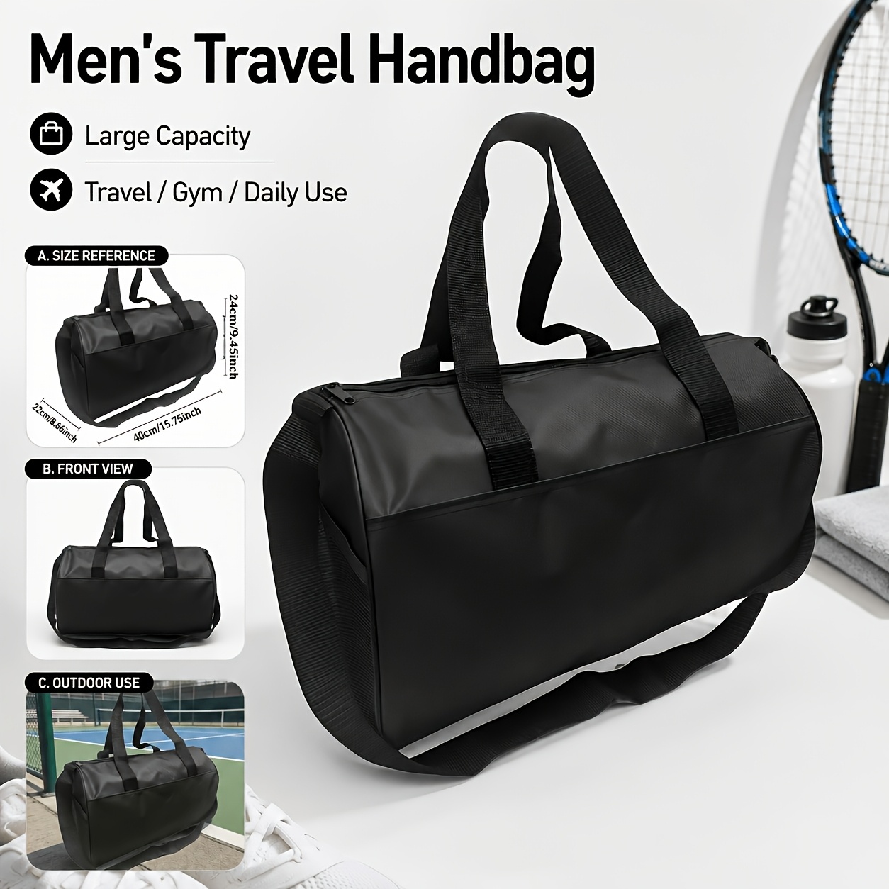TEMU 1pc Men's Large Capacity Travel Luggage Bag, Black Dual-use Hand-carry And Crossbody Bag With Front Pocket, Lightweight Gym Travel Bag, Suitable
