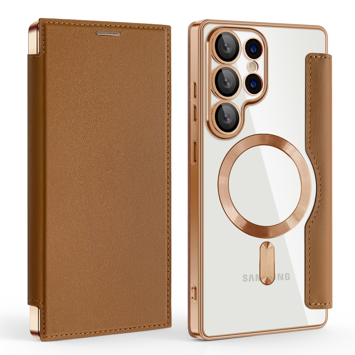TEMU Phone Case - Plated Magnetic Business Flip Cover Suitable For S25ultra Phone Case With Lens Film Premium Transparent S25plus Protector S24ultra