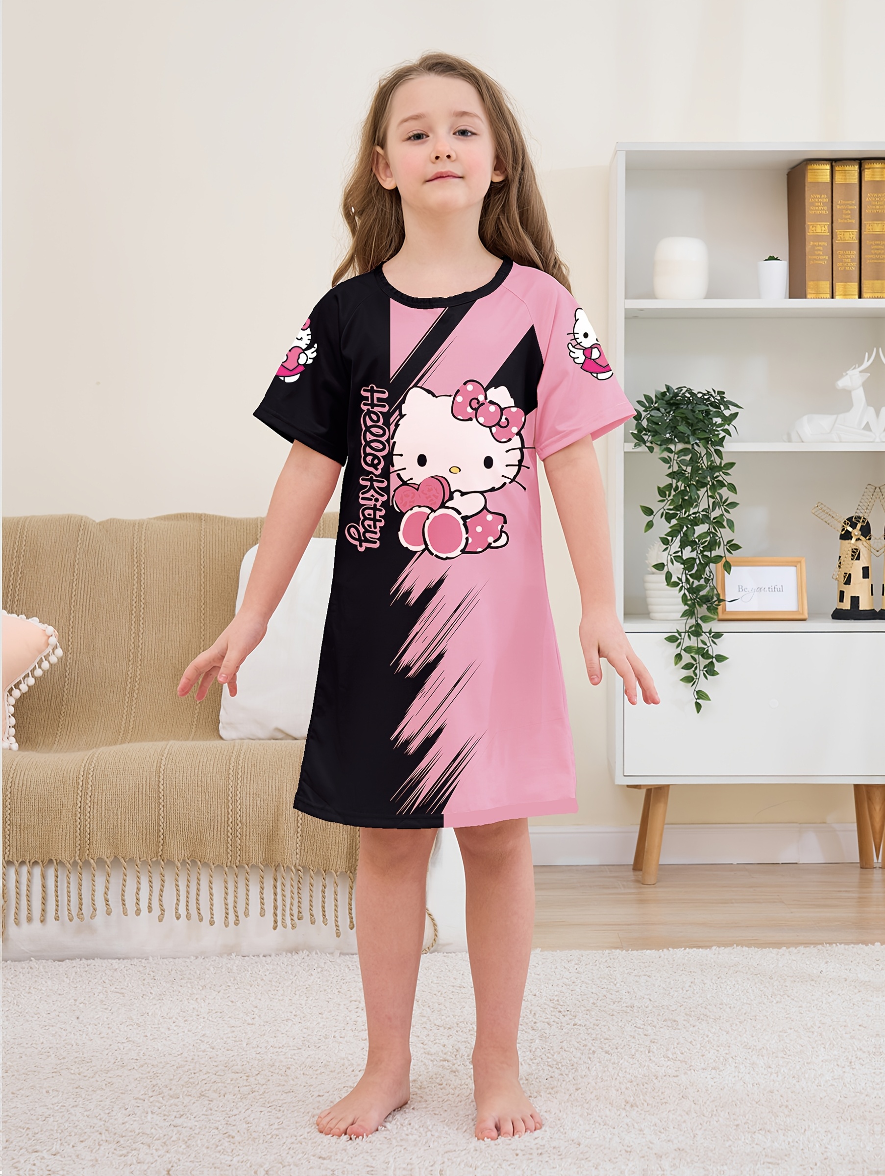 Girls' Summer Sleep Dress Cute Pink Block Nightgown, Soft  Polyester, Round Neck, Short Sleeve, Machine Washable *' Loungewear