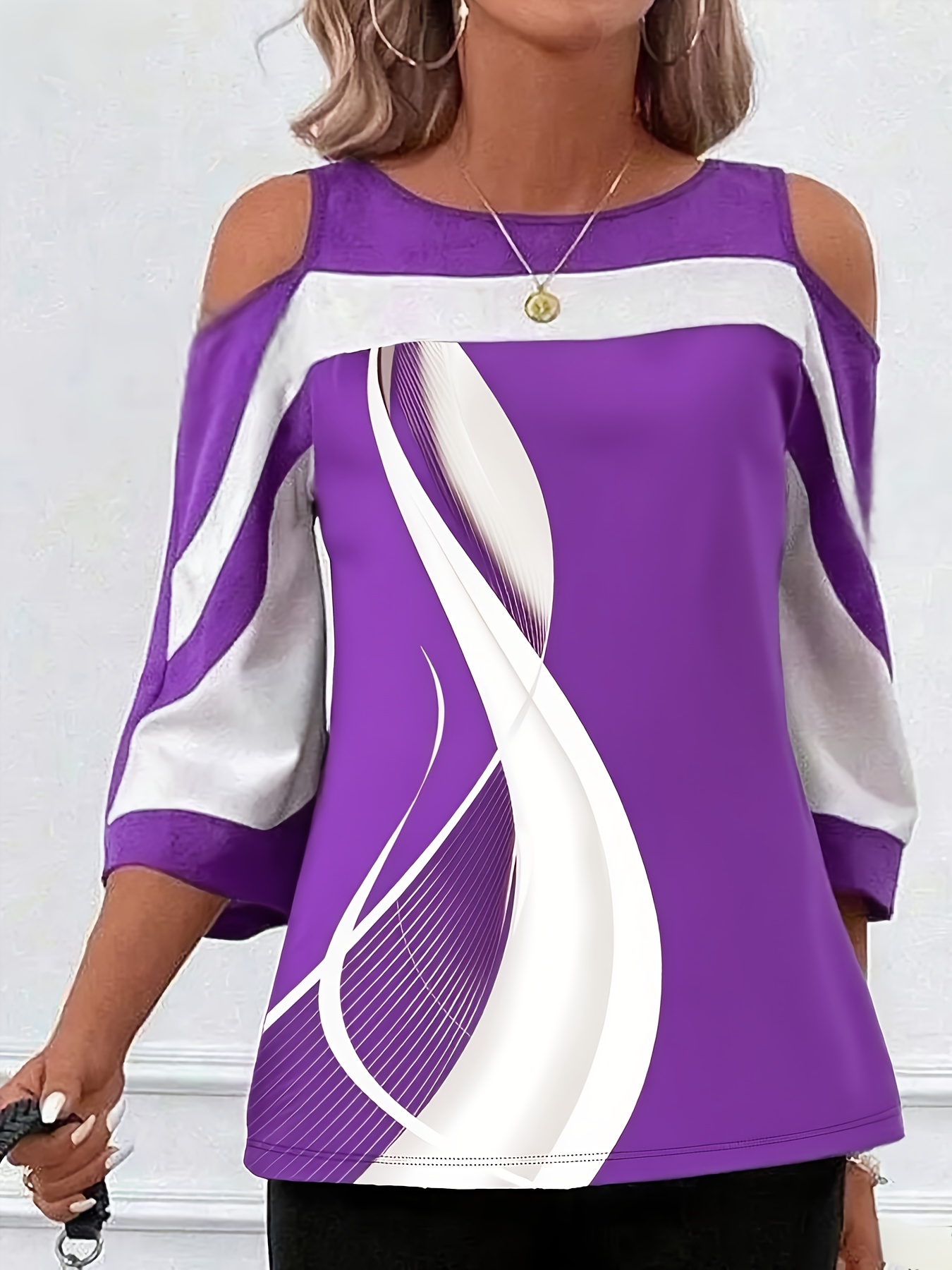 plus size plus size plus size trendy contrast geometric print off shoulder three quarter sleeve top
