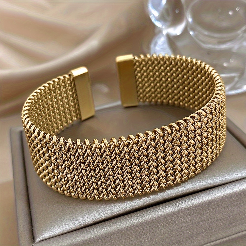 

Stainless Steel Open Bangle Bracelet, Vintage Braided Mesh Metal Cuff Bracelet, Classic Waterproof Wrist Jewelry For Women Men, Daily Party Wear Jewelry Accessories Gifts