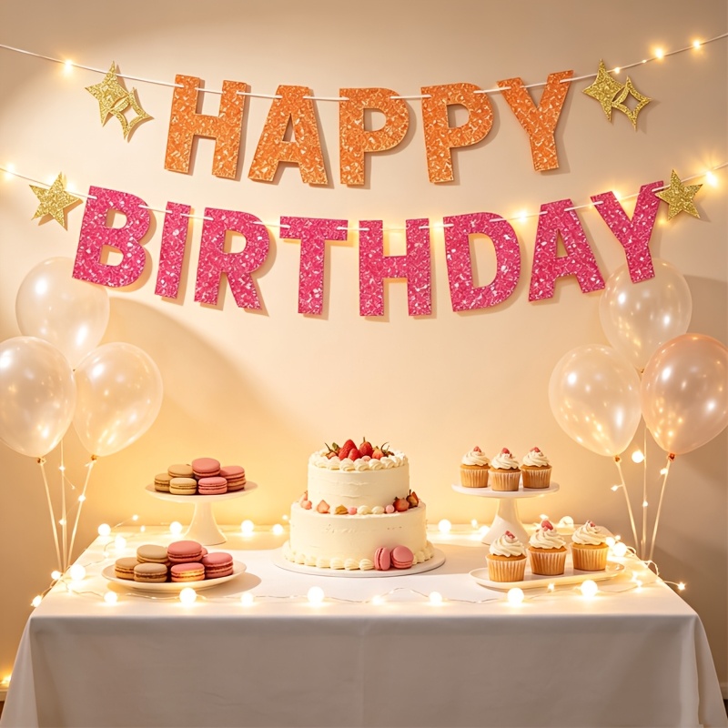 TEMU 1pc Happy Birthday Star-shaped Sequined Pink And Orange Birthday Banner, With Golden Corners And Star Combination, Sequined Birthday Anniversary