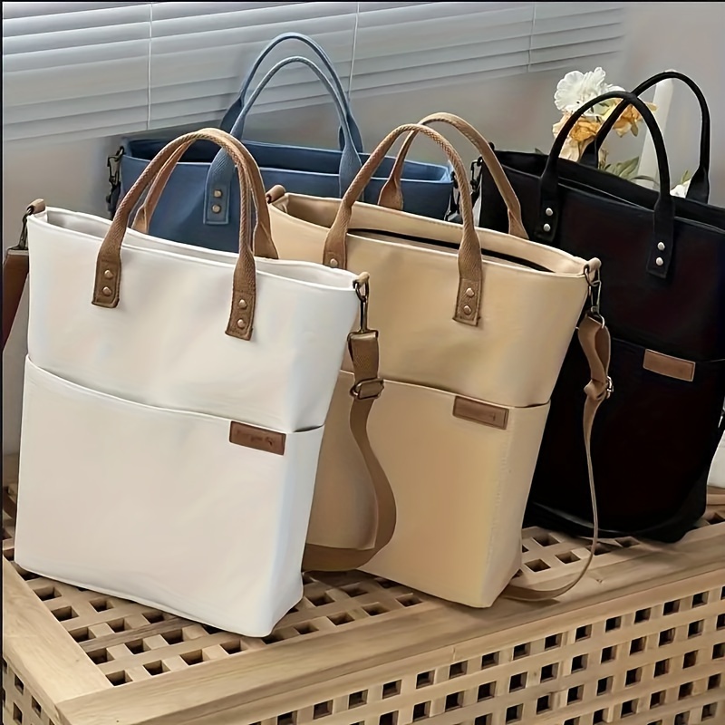 

Canvas Tote Bag With Zipper Closure, , Detachable Shoulder Strap, Solid Color, Hand Washable, For Daily , Travel, And School - Ideal Gift