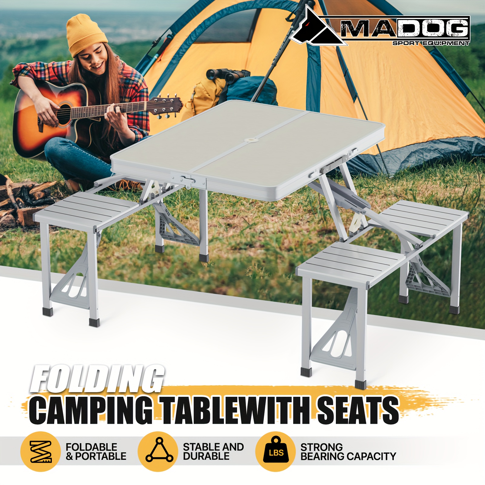 

Monibloom Folding Aluminum Camping Table, Portable Outdoor Table With 4 Seats, Adjustable Height And Easy To Set Up, Ideal For Picnics And Camping Trips