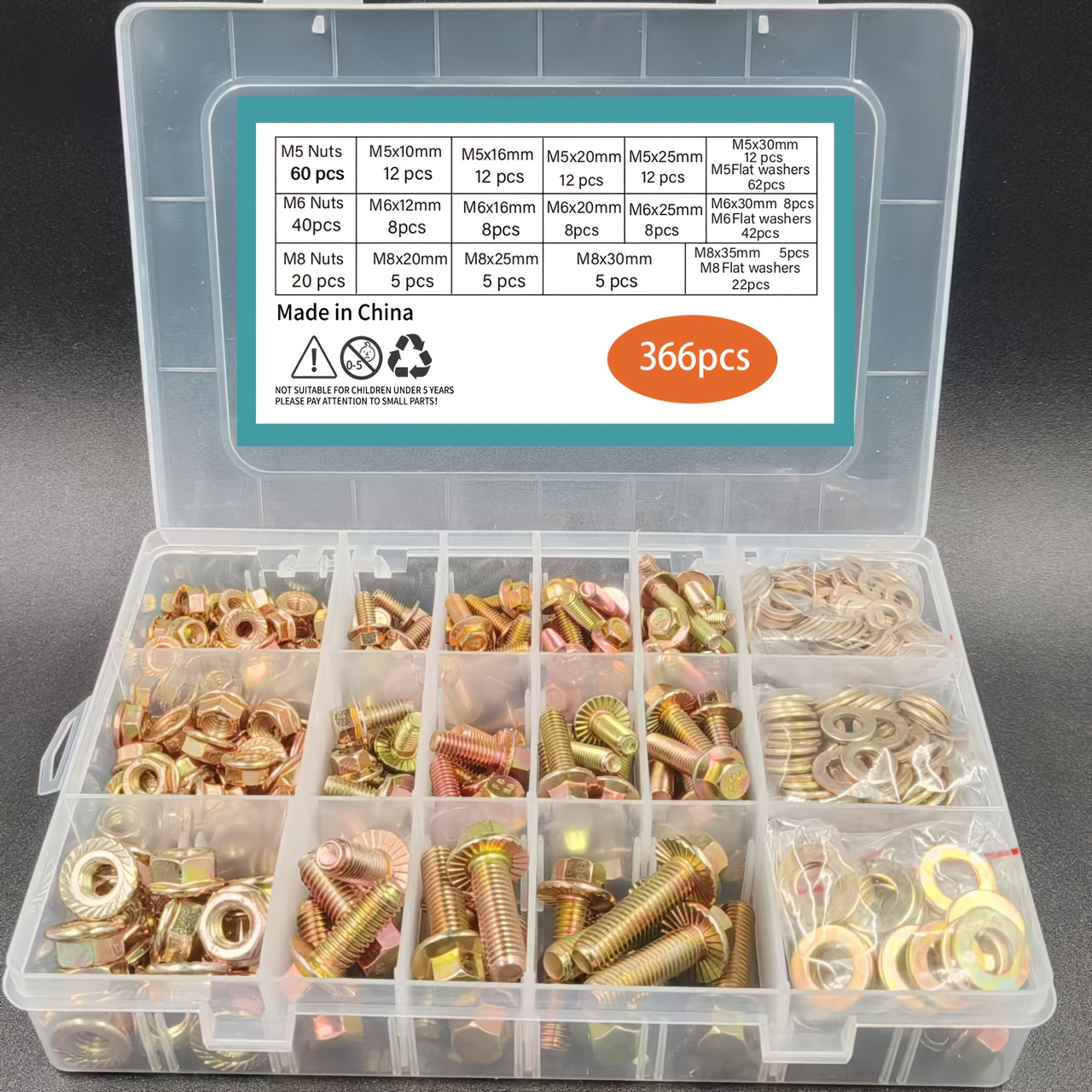 Image of 366pcs Metric Flange Bolt & Nut Set, M5 M6 .8 Serrated Hexagon Cap Flange Bolts With Hexagon Nuts, Steel Coarse Thread Fasteners For Diy Projects & Machinery