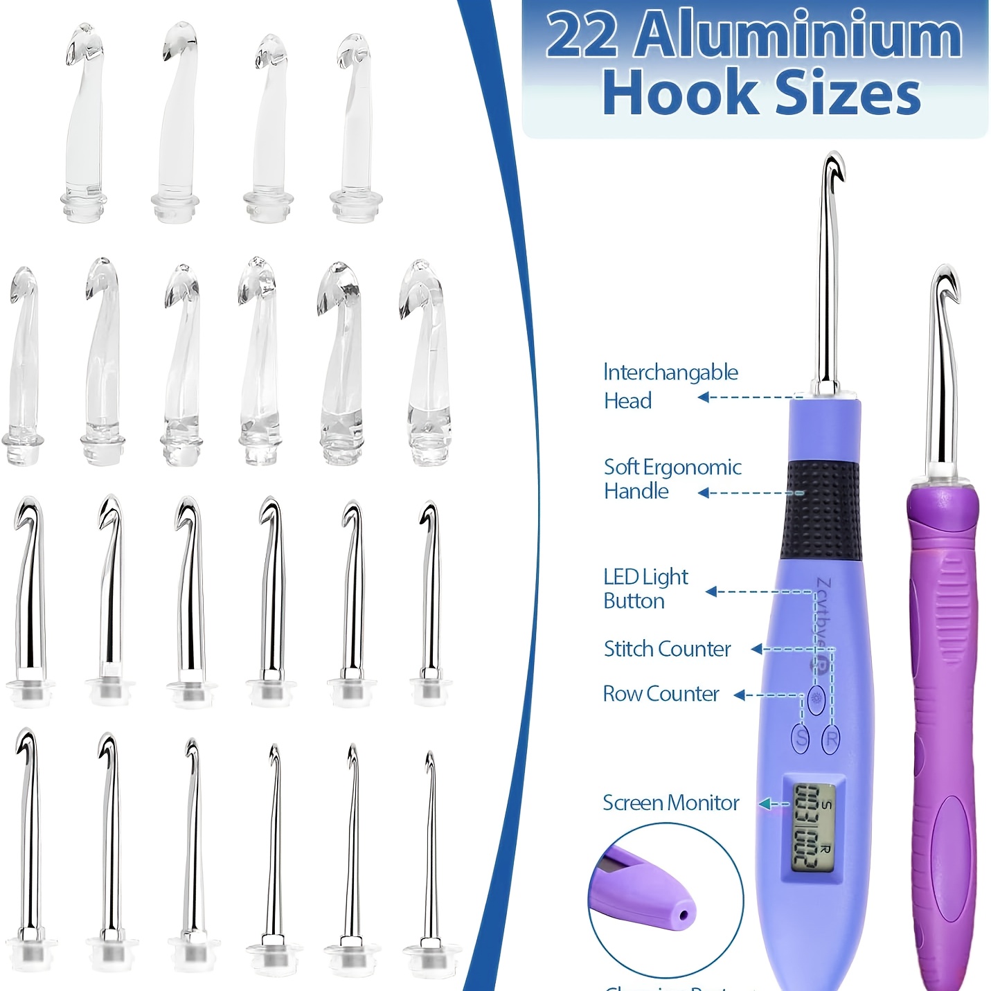 Image of A Set Of Crochet Hooks With Led Lights, Including Sewing, 22 Interchangeable Heads Ranging From 2.0mm To 14.0mm, Led Lighted Knitting Needles Kit With Rubber Handle In Blue Color