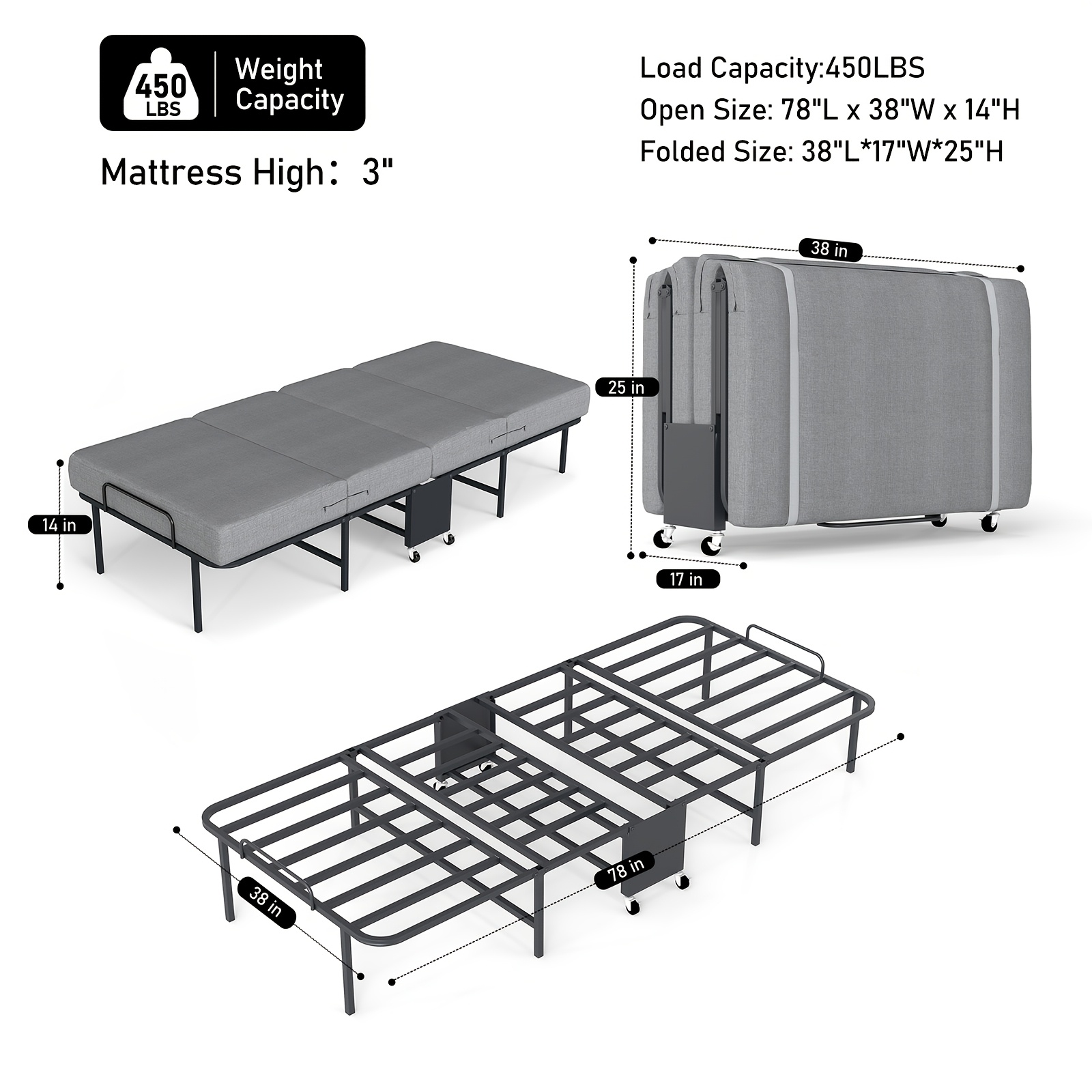 Folding Bed with Mattress, Twin Foldable Guest Bed for Adults, Roll Away Bed, Portable Bed with Memory Foam Mattress & Sturdy Metal Frame for Bedroom, Office, Apartments, Space-Saving Design for Easy Storage, 77