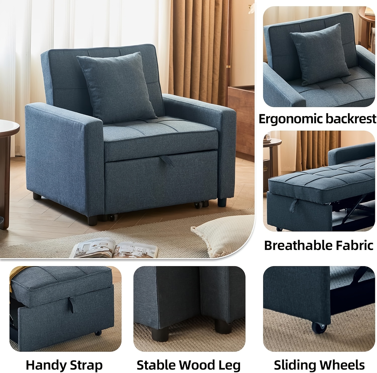 convertible sofa bed chair with pull out sleeper 3 in 1 reclining futon couch with storage pocket space saving design blue modern sleeper sofa with soft cushions sturdy   wood frame manual operation for small apartments dorms   ideal for guest rooms home offices plush cushioned seating velvet upholstery compact 2 seater sofa contemporary design sectional sofa for living room couche and sofa sofa and couche small sofa for small   bed Product details 7