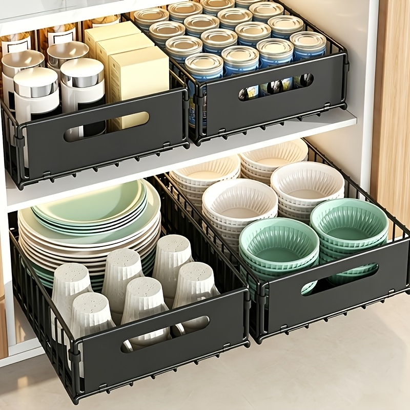 4-pack Slide-out Kitchen Storage Rack - Heavy Duty Carbon Steel Pull-out Drawer For Dishes, Pots & Lids, Space-efficient Cabinet Organizer, 37x24x10cm, Deep Cupboard Access