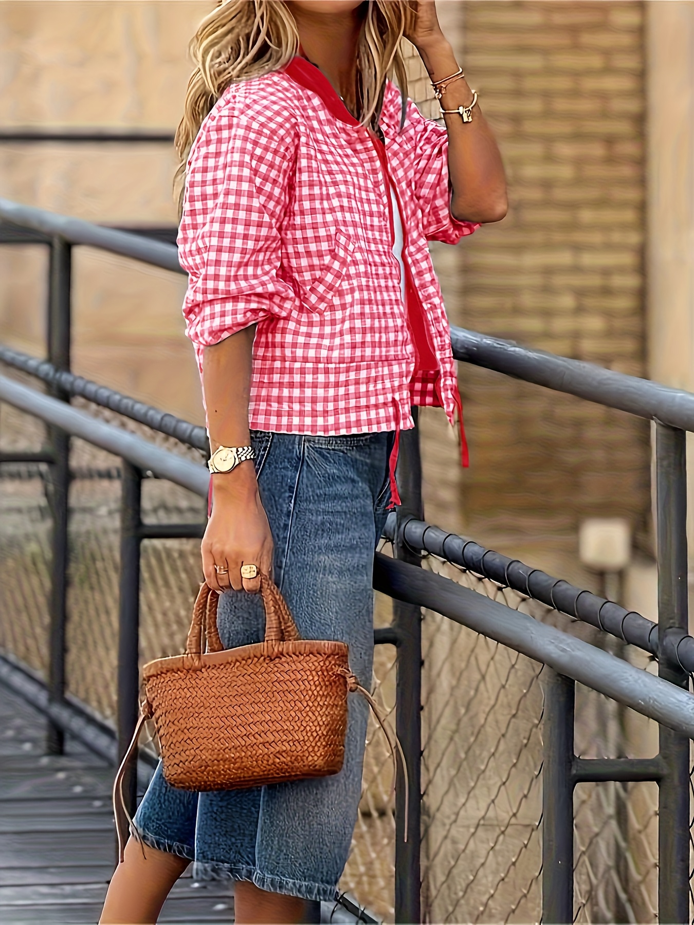 womens lightweight red white gingham check jacket casual Temu - Main Image