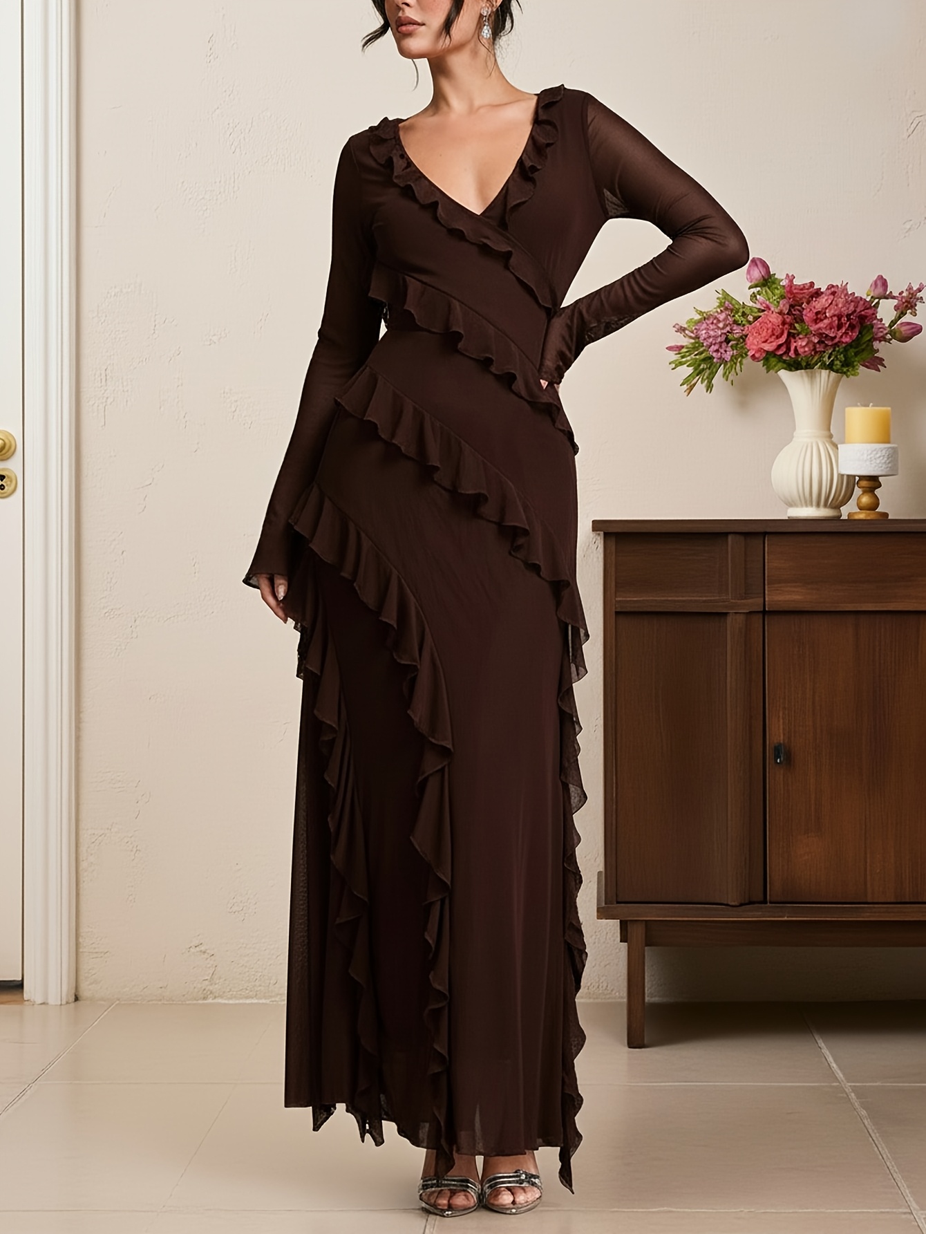 burgundy deep v neck mesh long sleeve maxi dress - Temu