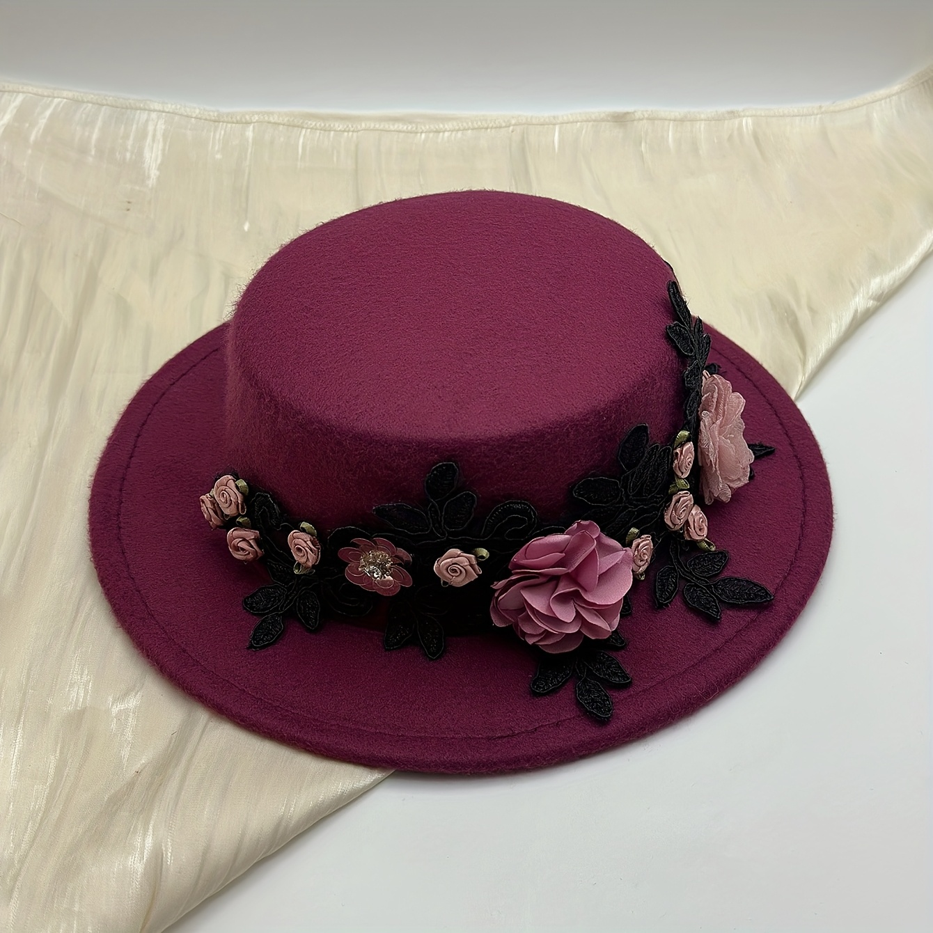 TEMU A Burgundy Elegant Vintage-inspired Simulated Three-dimensional Pink Floral Hollow-out Black Lace-trimmed Artistic Sequined Flower And Leaf