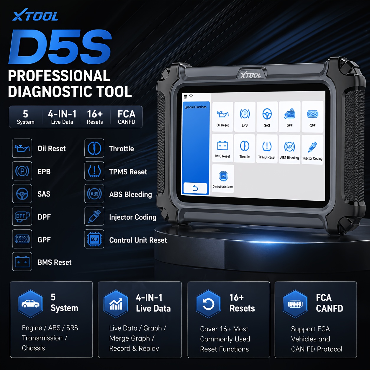 TEMU Xtool D5s Car Diagnostic Scanner | Engine/abs/srs/transmission, Fca/, 16+ Reset Functions (epb/oil/sas/dpf/egr), Abs Bleeding, Battery Matching,