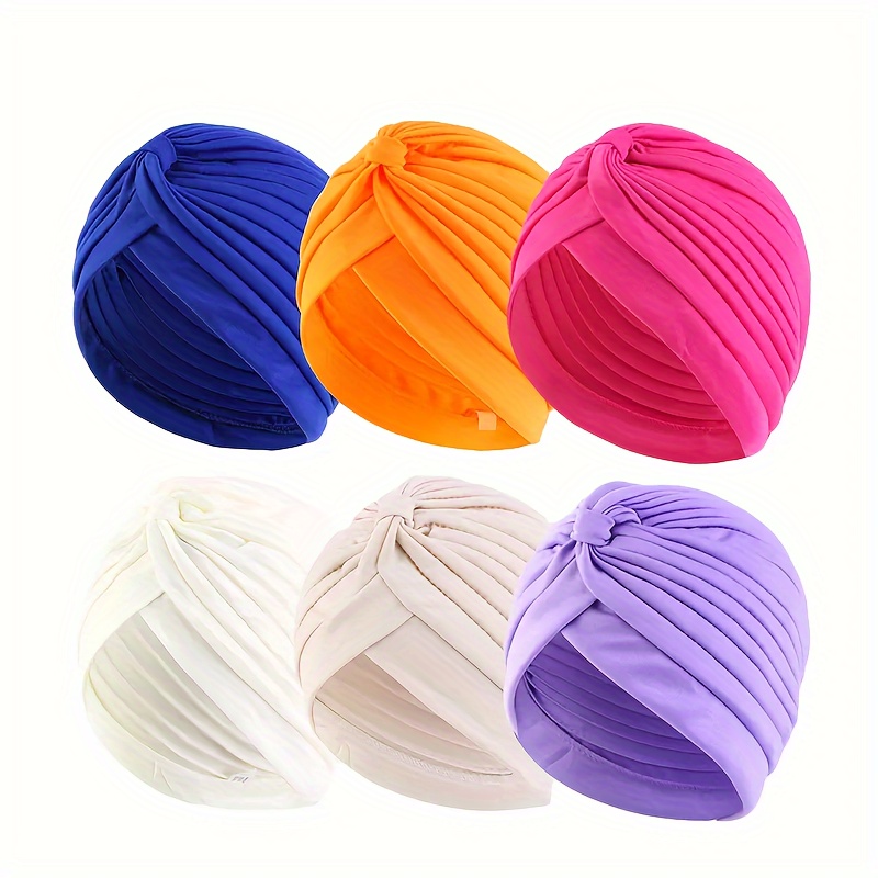 

6pcs Women's Pleated Bowknot Turban Hats - Elastic Head Wraps Solid Color Forehead Crisscross Chemo Hats For Casual Wear