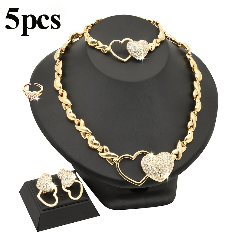 TEMU 5pcs Fashion Jewelry For Women 1pc Heart Necklace + 1pc Bracelet + A Pair Of Heart Earrings + 1pc Split Heart Ring Luxurious Synthetic Synthetic