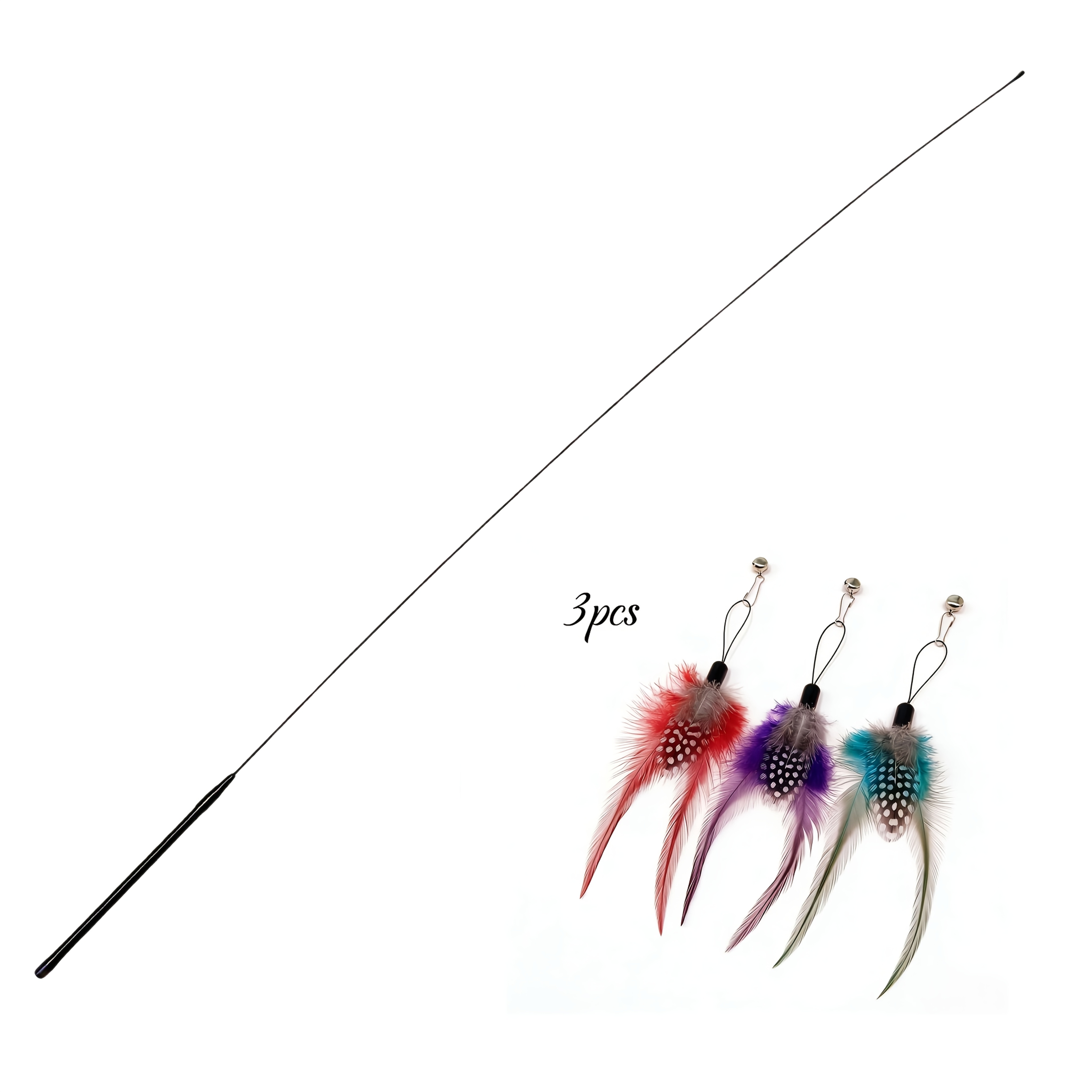 TEMU Cat Feather Toy Interactive Cat, Handheld Stick Toy And 3 Replacement Feather With Bells, Made Of Artificial Fiber Material, And Training Cat