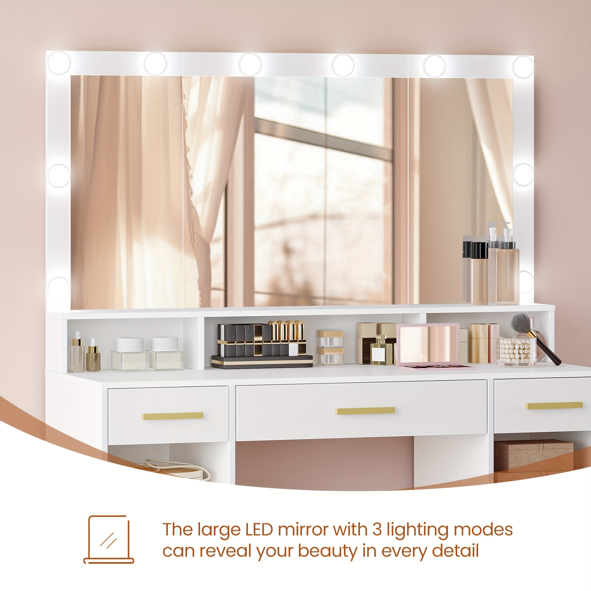 Dressing Table with Large Mirror and LED Lighting, Three Drawers